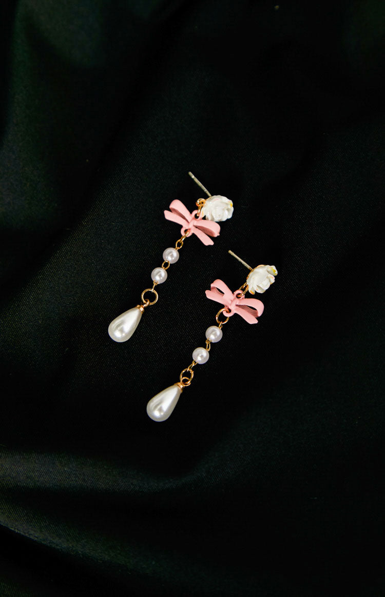Kaia Pink Bow Pearl Drop Earrings
