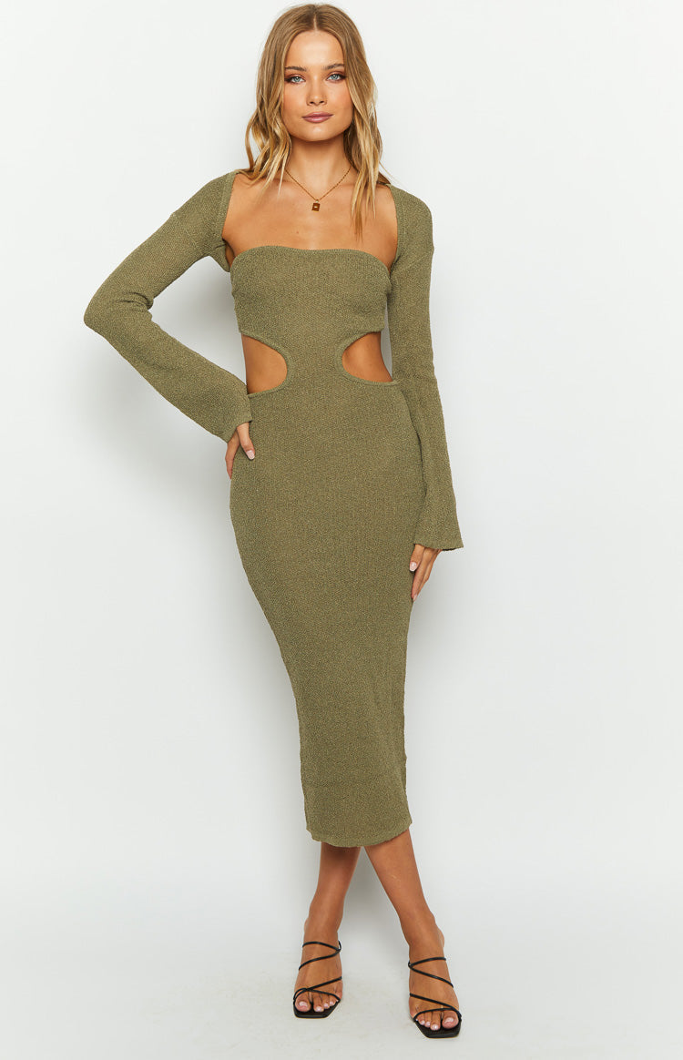 Alba Khaki Long Sleeve Knit Midi Dress