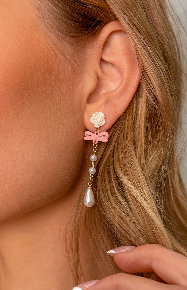 Kaia Pink Bow Pearl Drop Earrings
