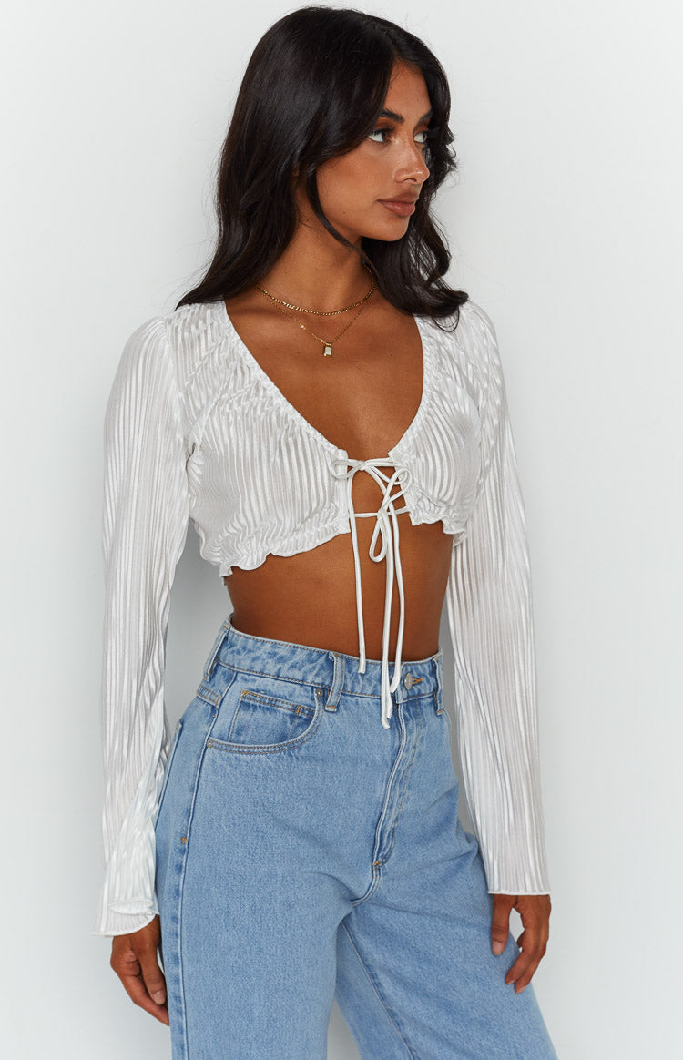 Tayla White Pleated Long Sleeve Top