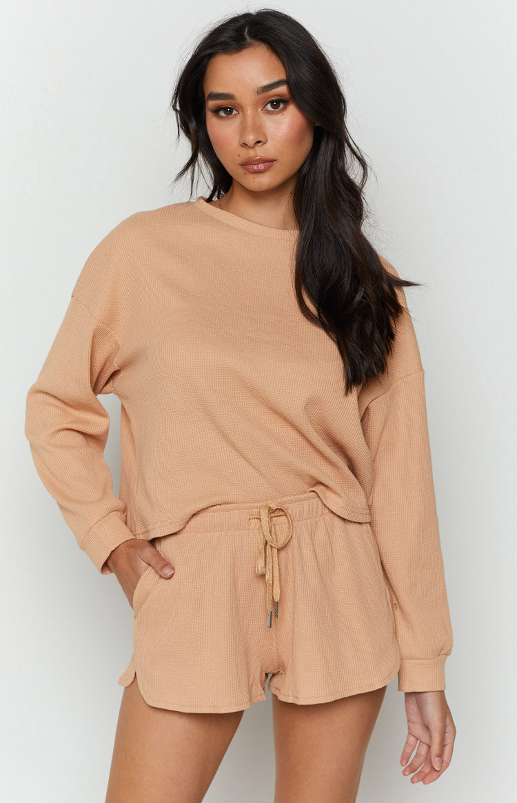 Steph Long Sleeve Waffle Top Tan