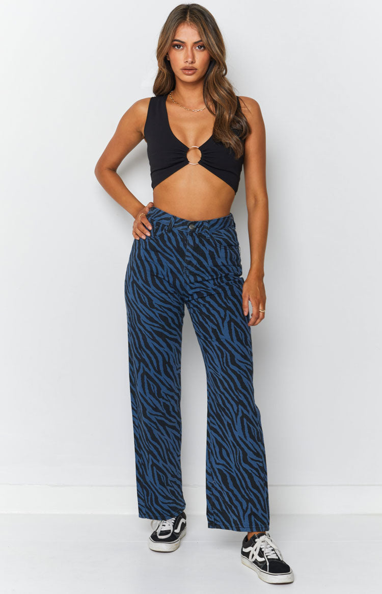 Jungle Swing Print Straight Leg Jeans Blue