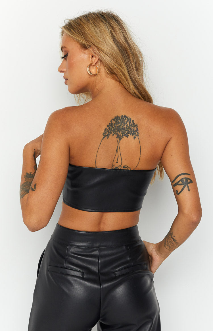 Nation Black PU Strapless Crop Top