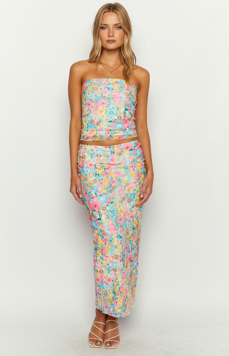 When in Rome Multi Floral Strapless Mesh Top