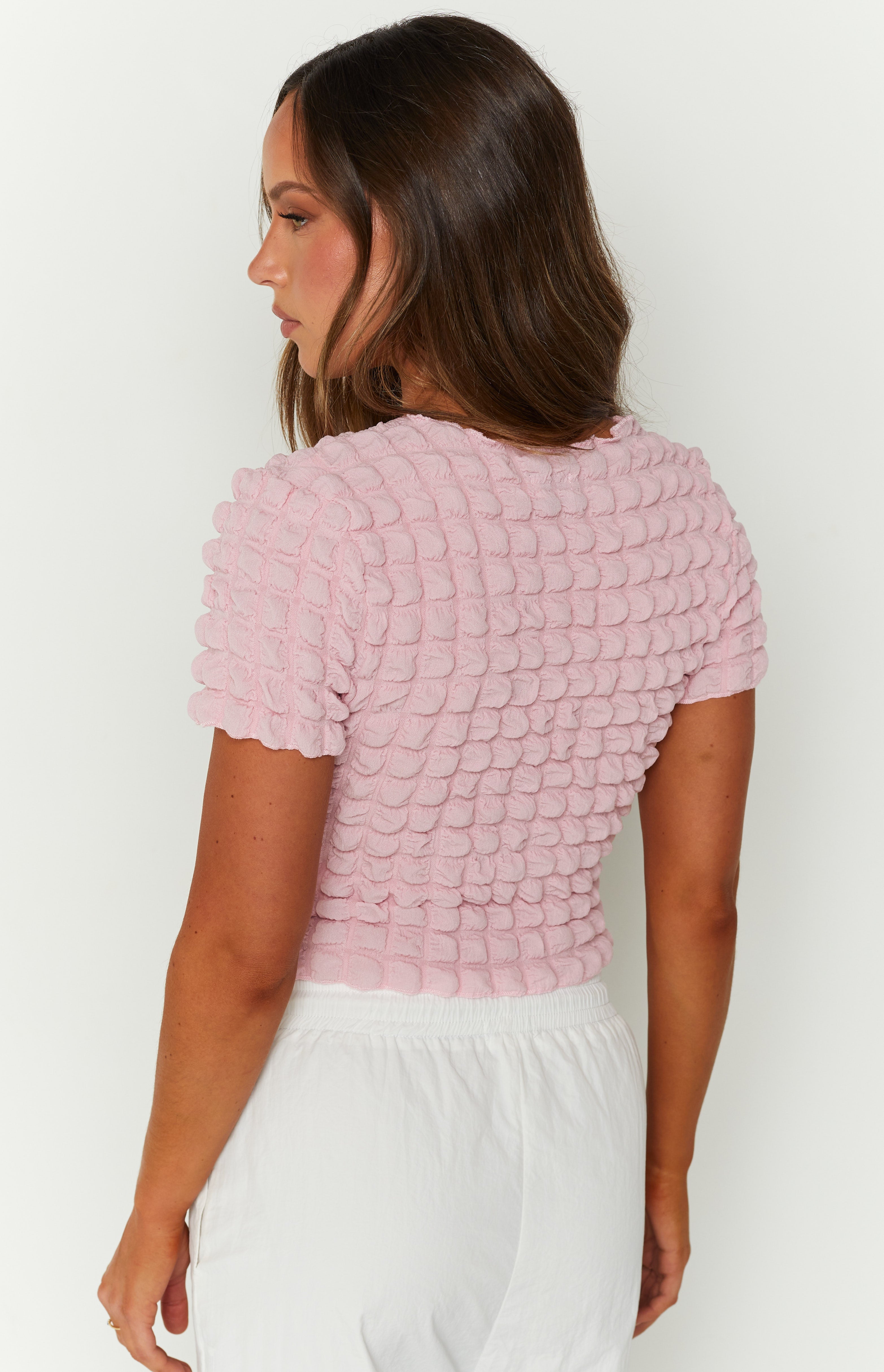 Bubble Pink Short Sleeved Crop Top