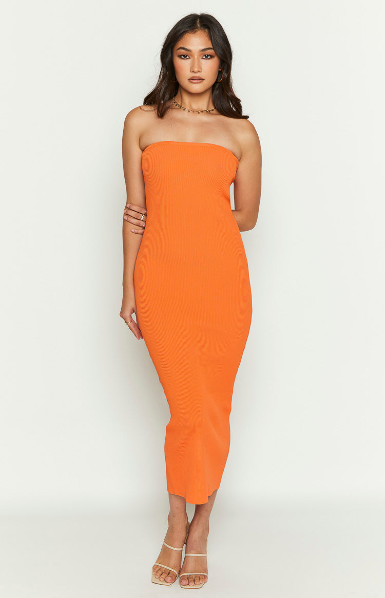 Rebecca Orange Strapless Knit Midi Dress