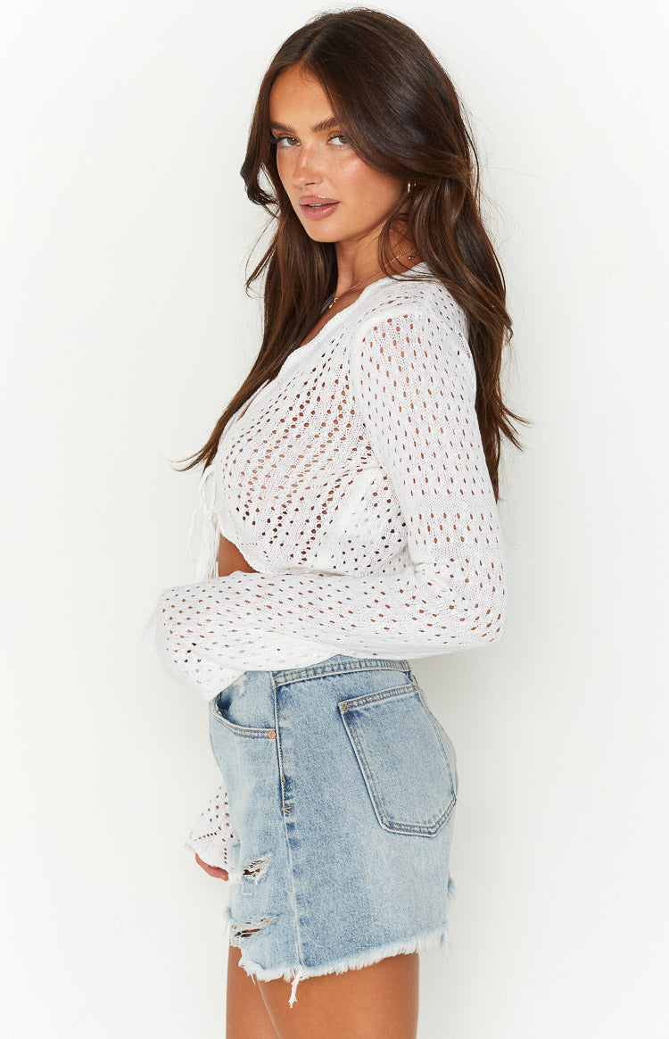 Eilish White Crochet Long Sleeve Top