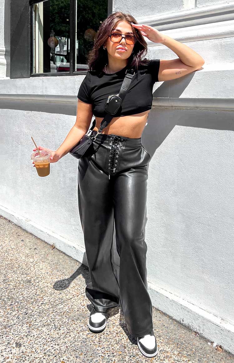 Kelsy Black Lace Up PU Pants