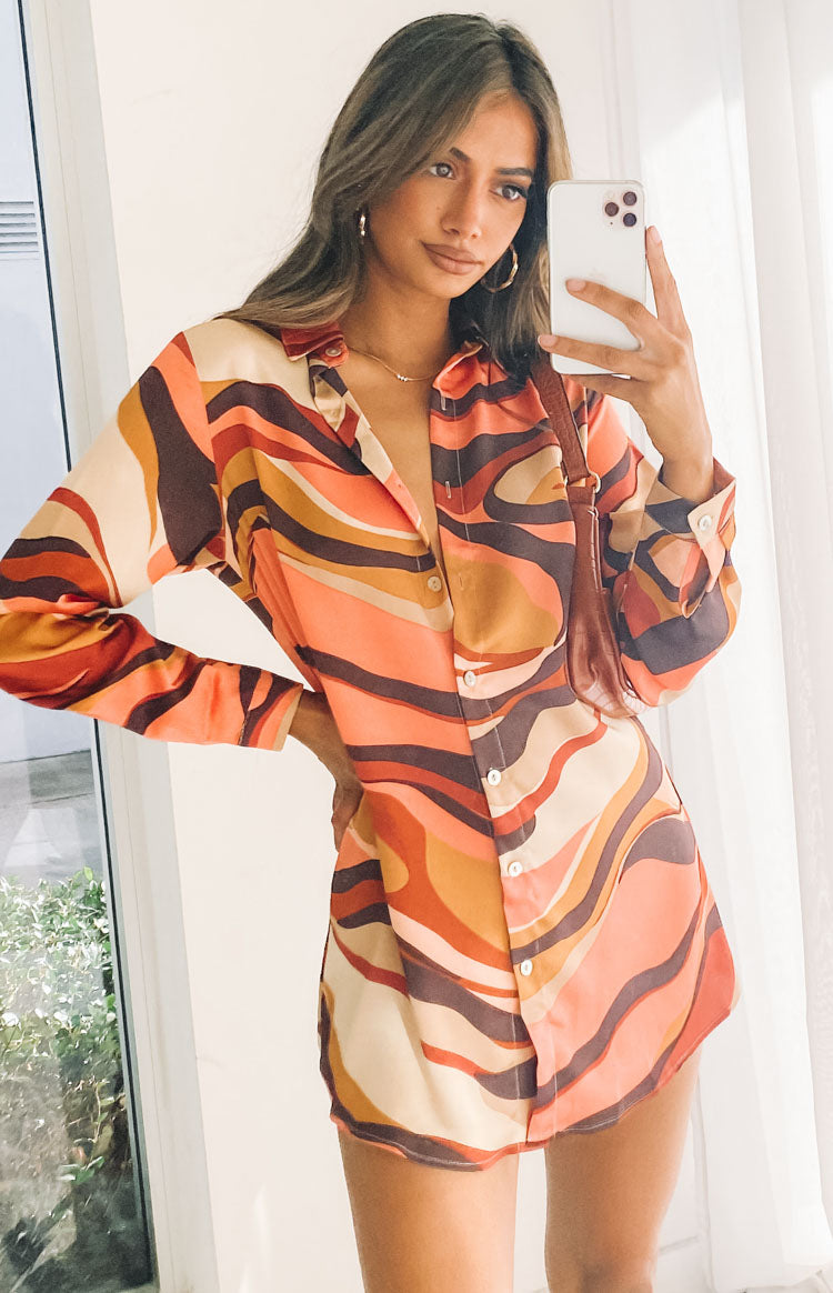 The Wavy Long Sleeve Shirt Dress Pink