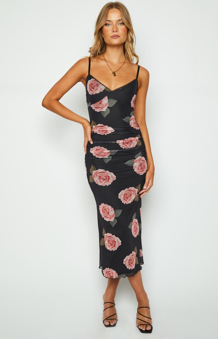 Capri Black Floral Mesh Midi Dress