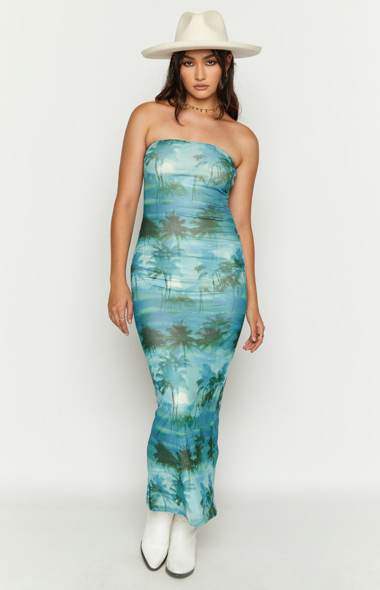 Adriana Blue Print Strapless Maxi Mesh Dress