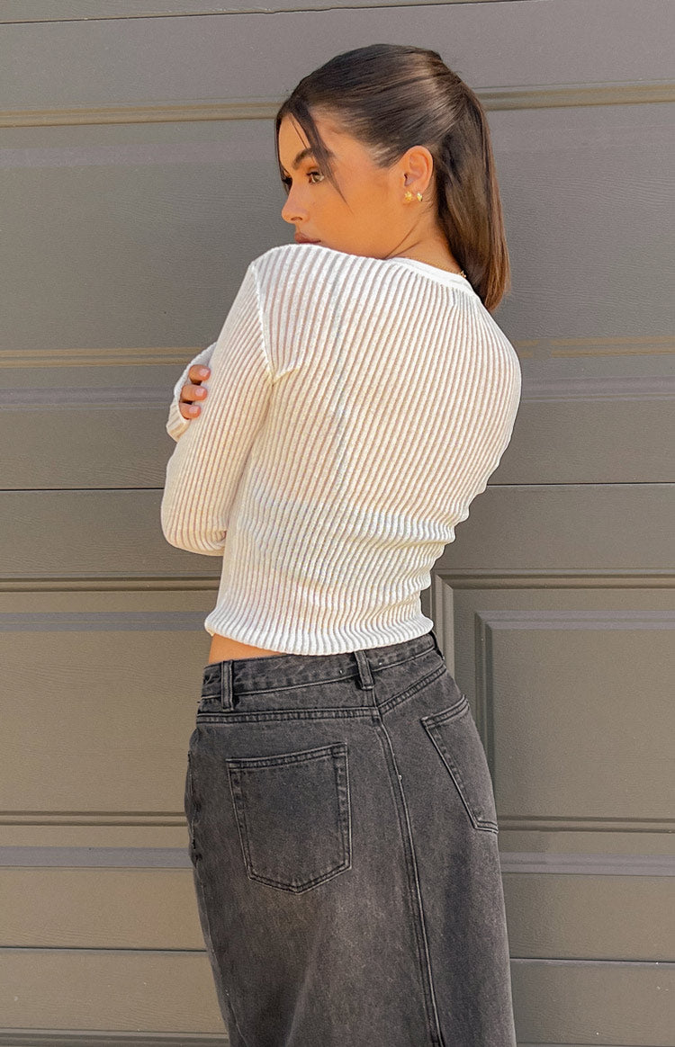 Gems Sheer White Knit Long Sleeve Top