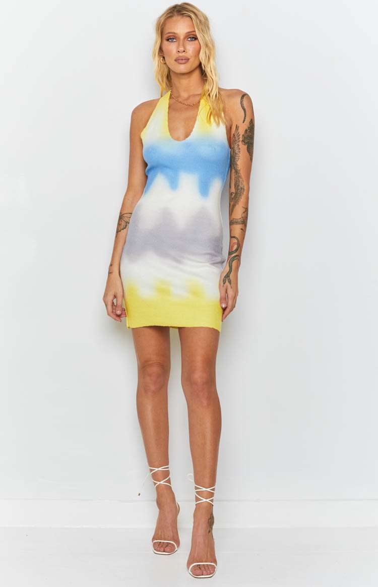 Graffiti Halter Mini Dress Yellow