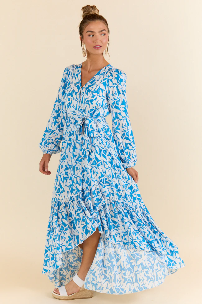 Palmetto Paradise Blue and White Long Sleeve Maxi Dress SALE