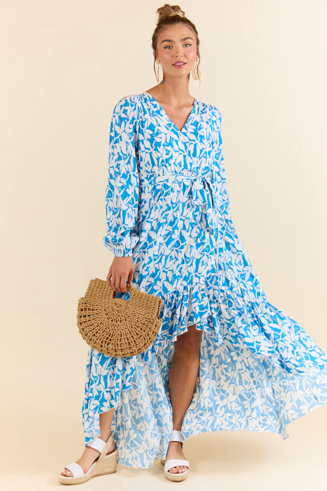 Palmetto Paradise Blue and White Long Sleeve Maxi Dress SALE