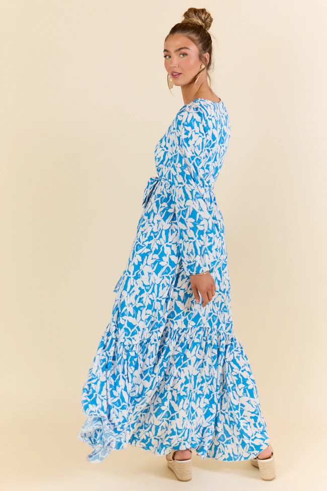 Palmetto Paradise Blue and White Long Sleeve Maxi Dress SALE