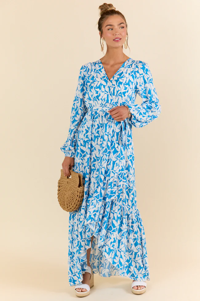 Palmetto Paradise Blue and White Long Sleeve Maxi Dress SALE