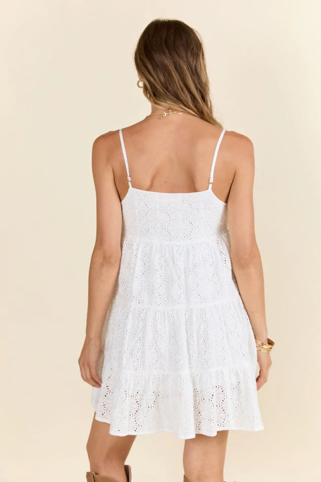 Let's Get Out Of Town White Flower Eyelet Mini Dress