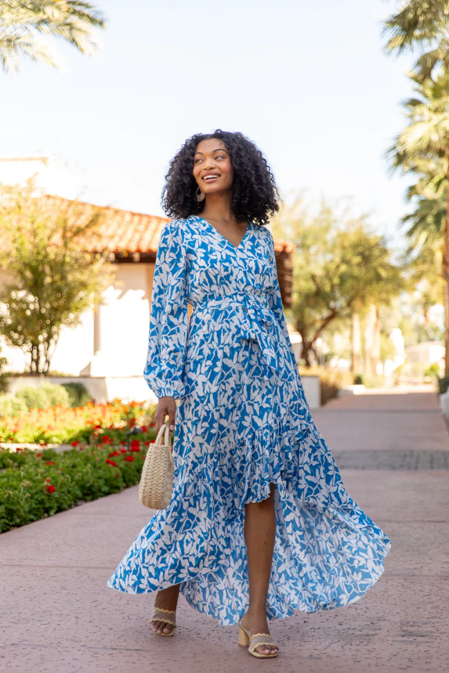 Palmetto Paradise Blue and White Long Sleeve Maxi Dress SALE
