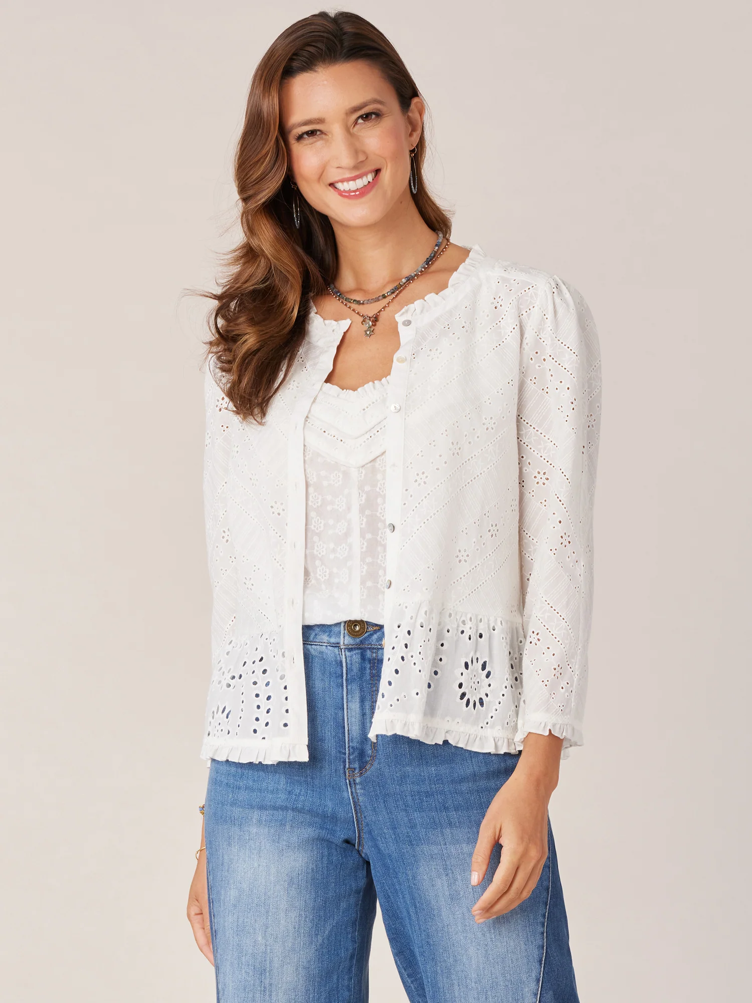 Three Quarter Ruffle Sleeve Round Neck Peplum Eyelet Woven Top
