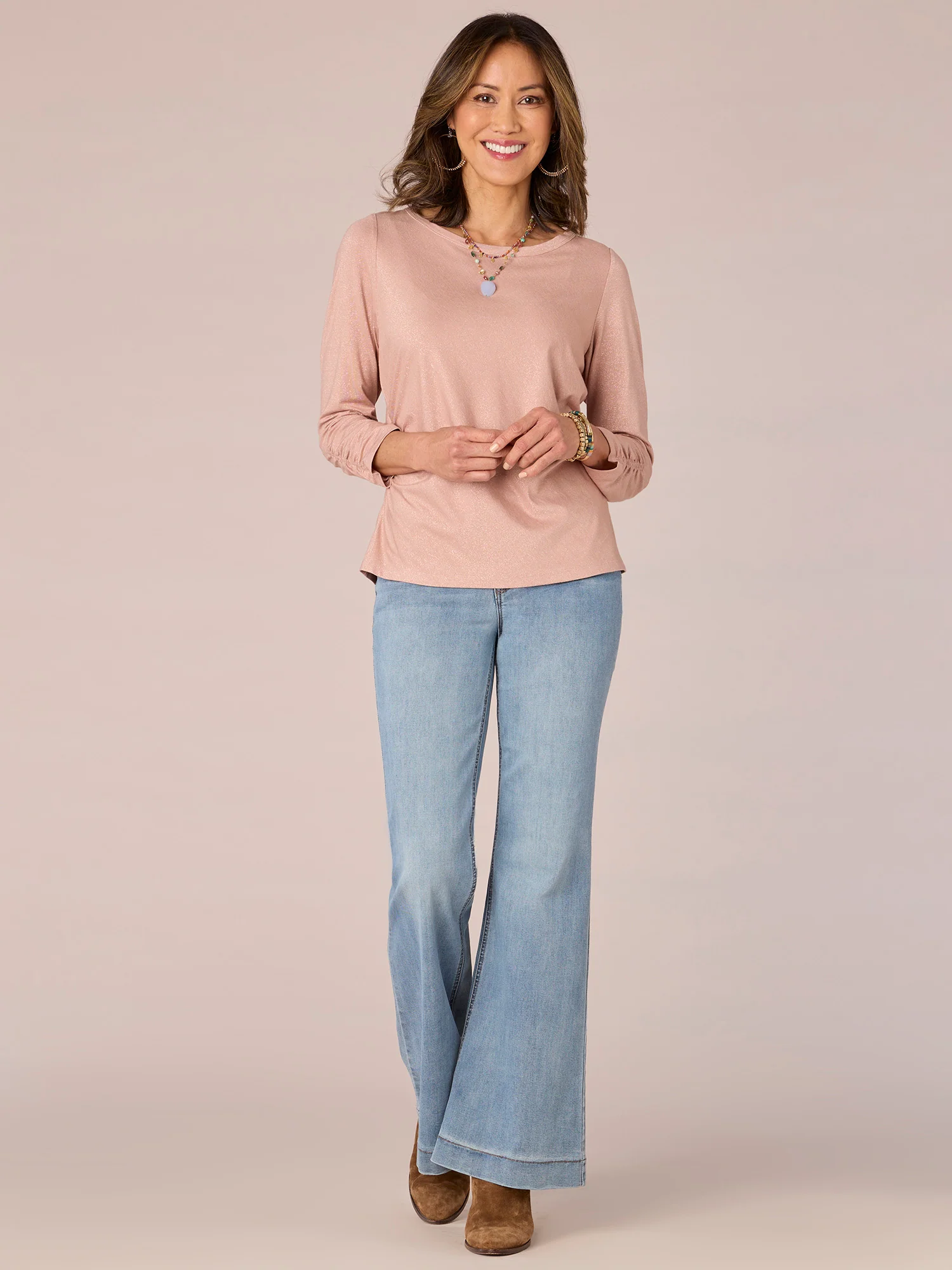 Three Quarter Sleeve Scoop Neck Ruched Side Shiny Petite Knit Top