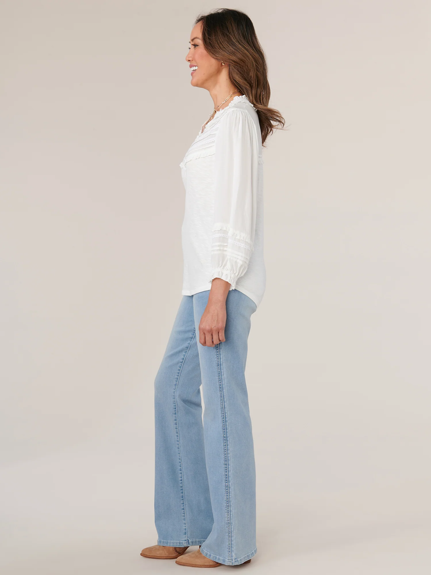 Three Quarter Sleeve Ruffle Split V-Neck Knit Petite Top