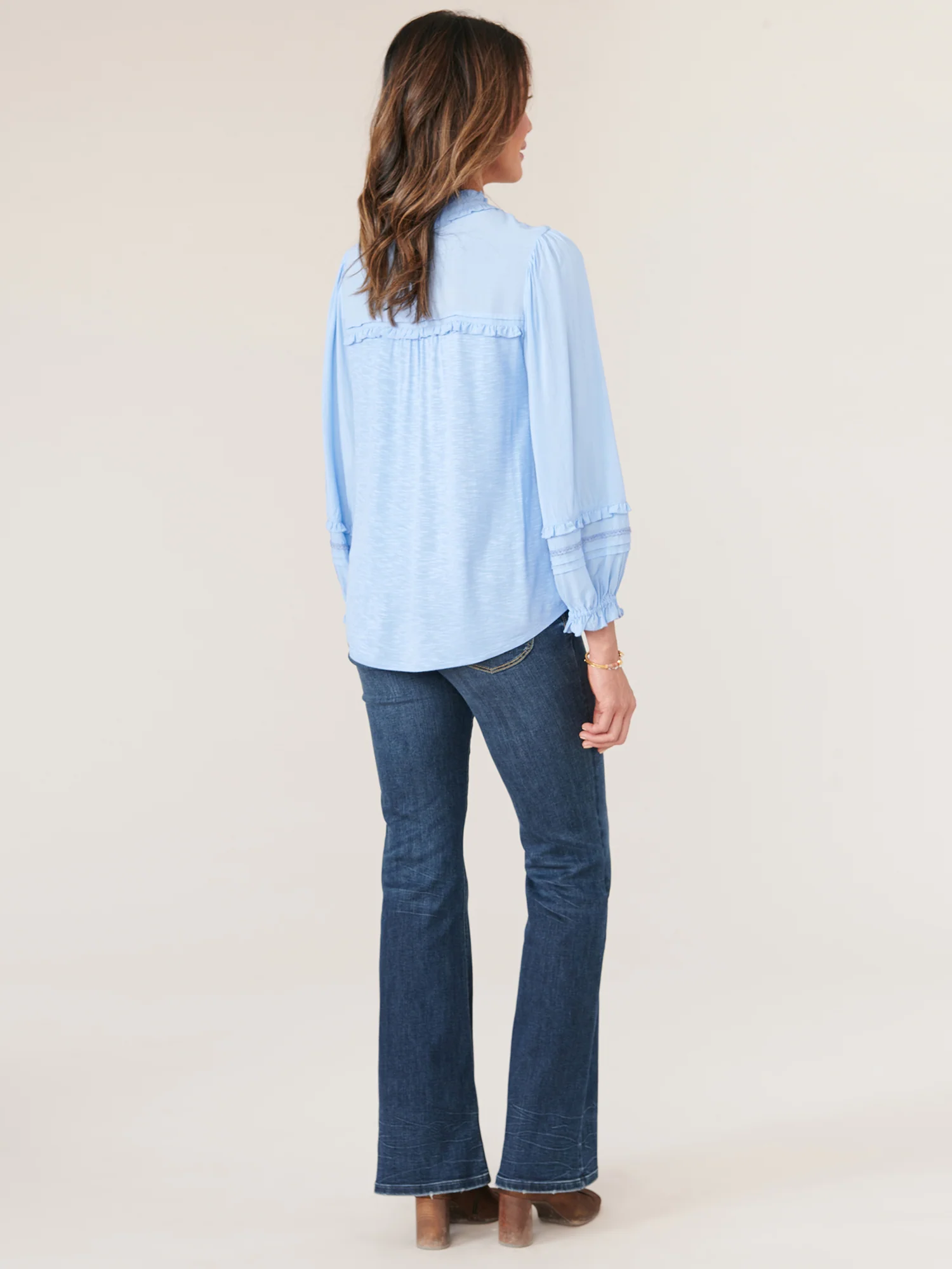 Three Quarter Sleeve Ruffle Split V-Neck Knit Petite Top