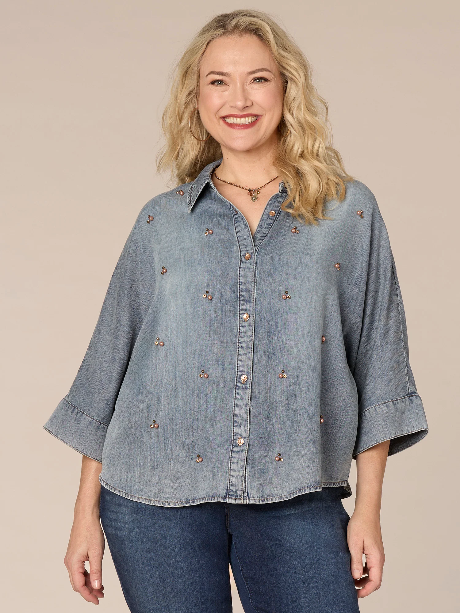 Three Quarter Sleeve Button Front Embellished Plus Size Knit Top