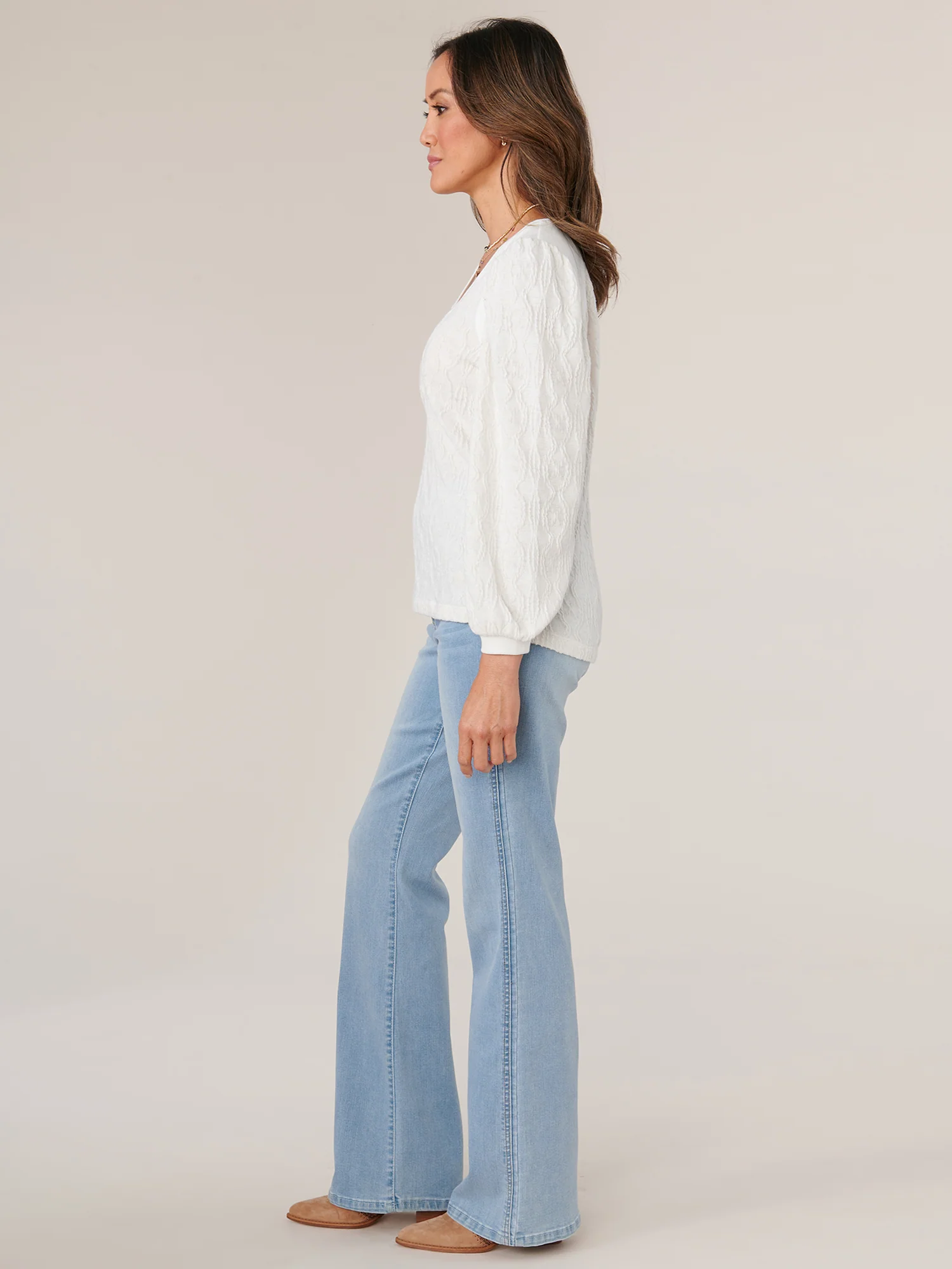 Three Quarter Puff Blouson Sleeve Wide V-Neck Mixed Media Knit Top