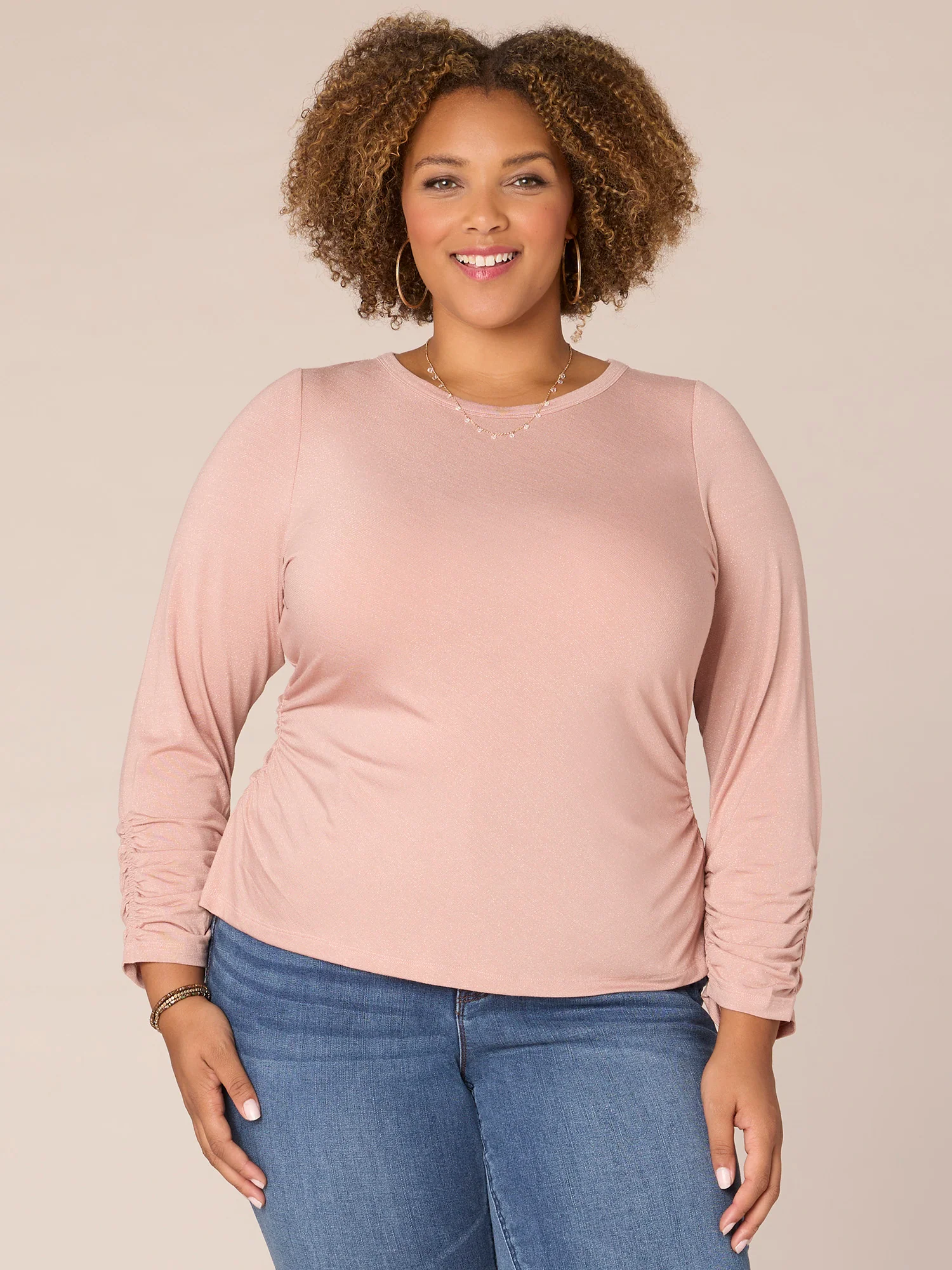 Three Quarter Ruched Sleeve Scoop Neck Plus Size Knit Top