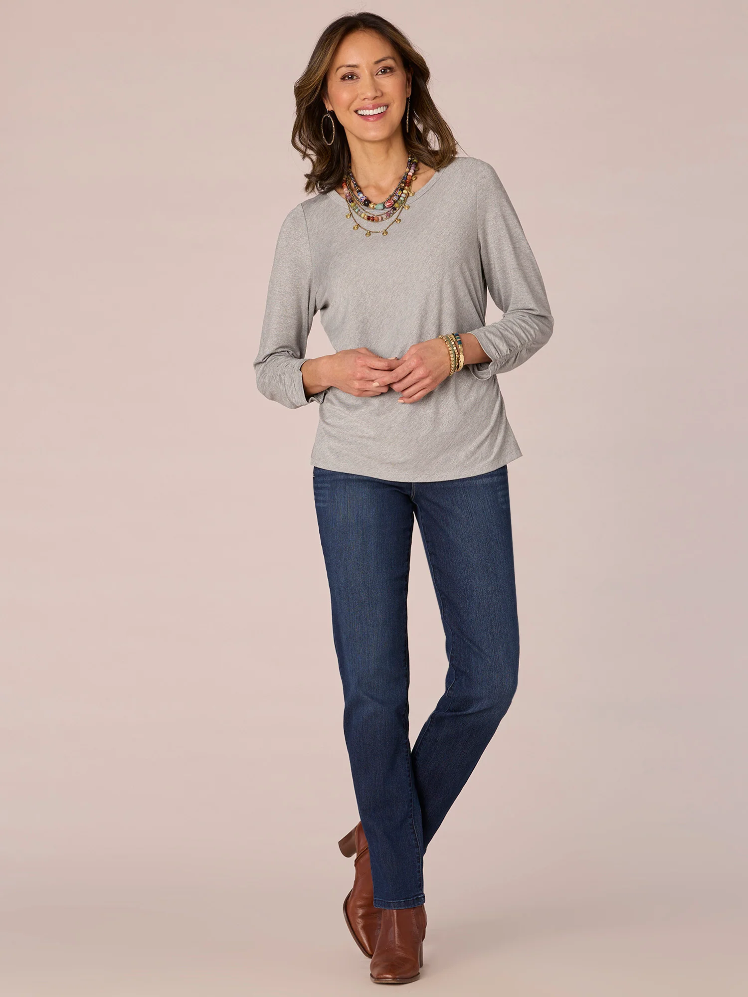 Three Quarter Sleeve Scoop Neck Ruched Side Shiny Petite Knit Top