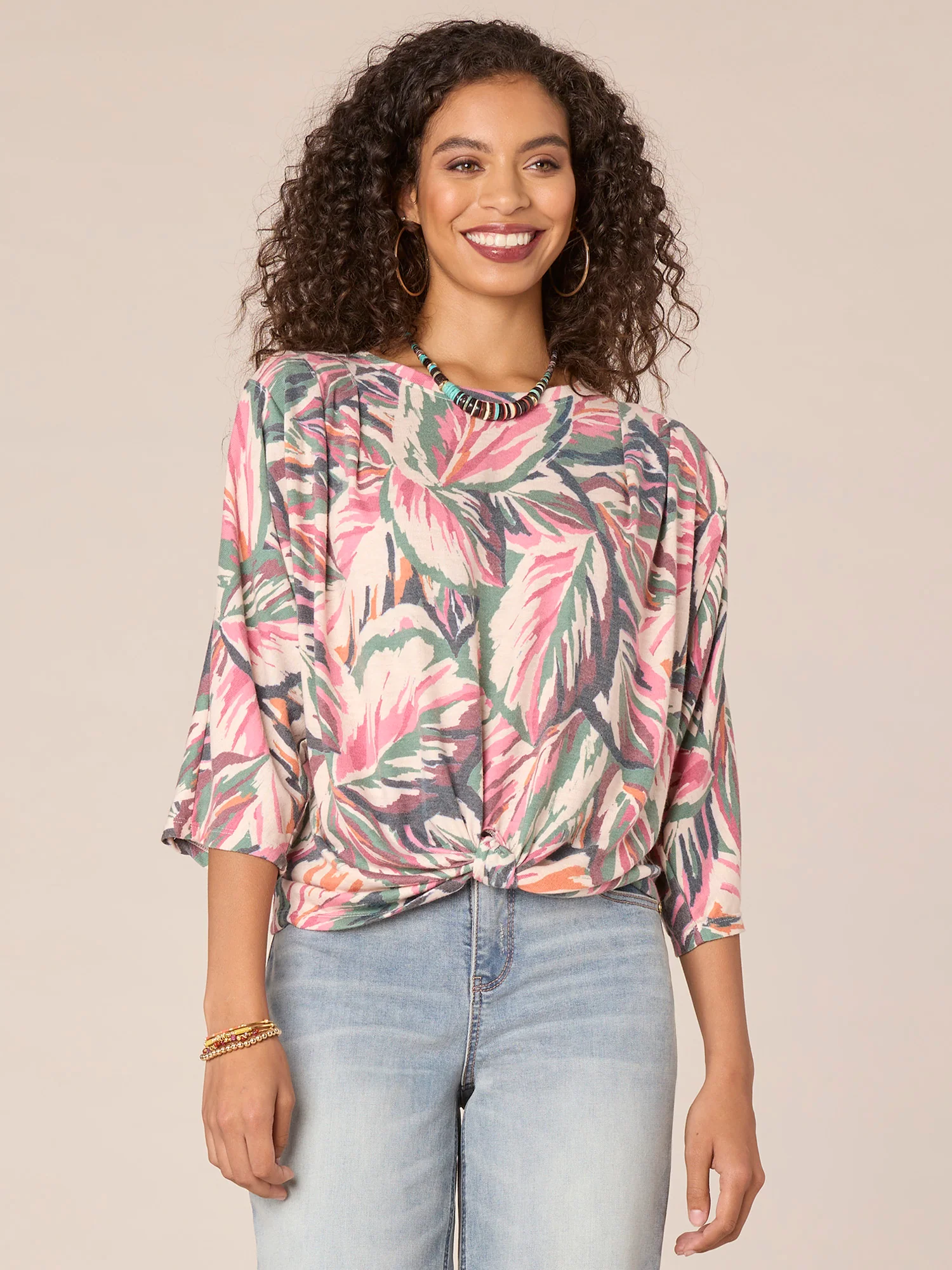 Three Quarter Sleeve Boatneck Front Knot Hem Printed Petite Knit Top