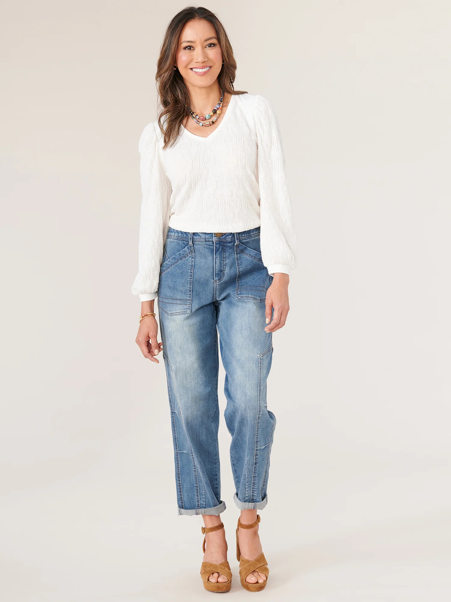 Three Quarter Puff Blouson Sleeve Wide V-Neck Mixed Media Knit Top