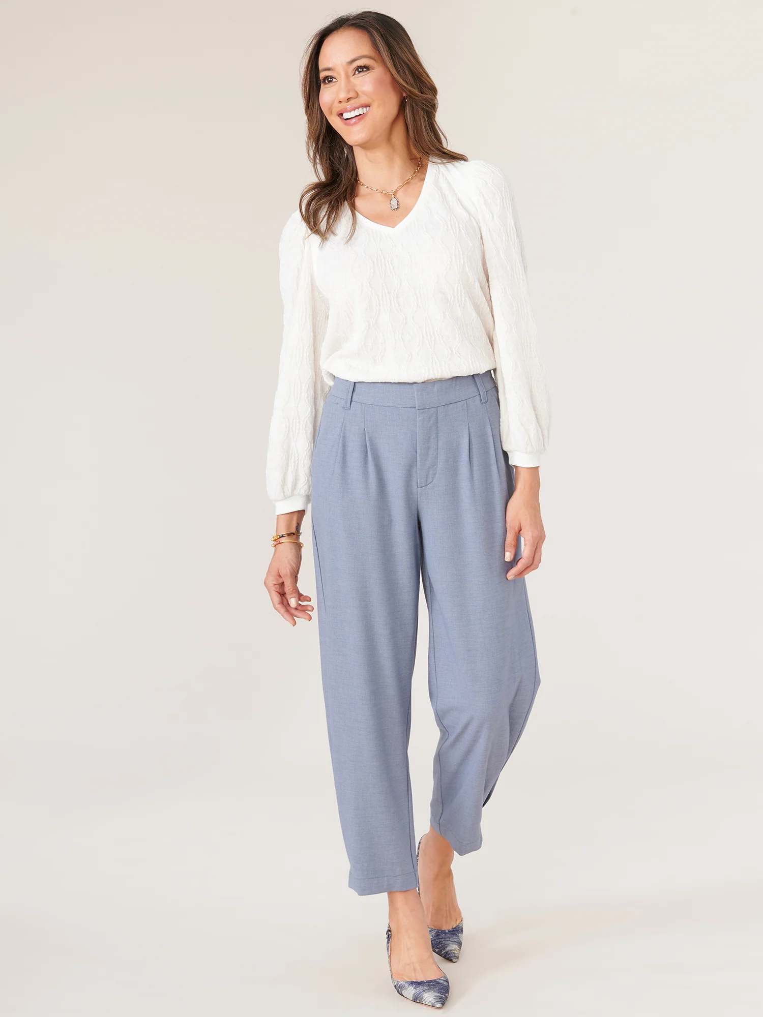 Three Quarter Puff Blouson Sleeve Wide V-Neck Mixed Media Knit Top