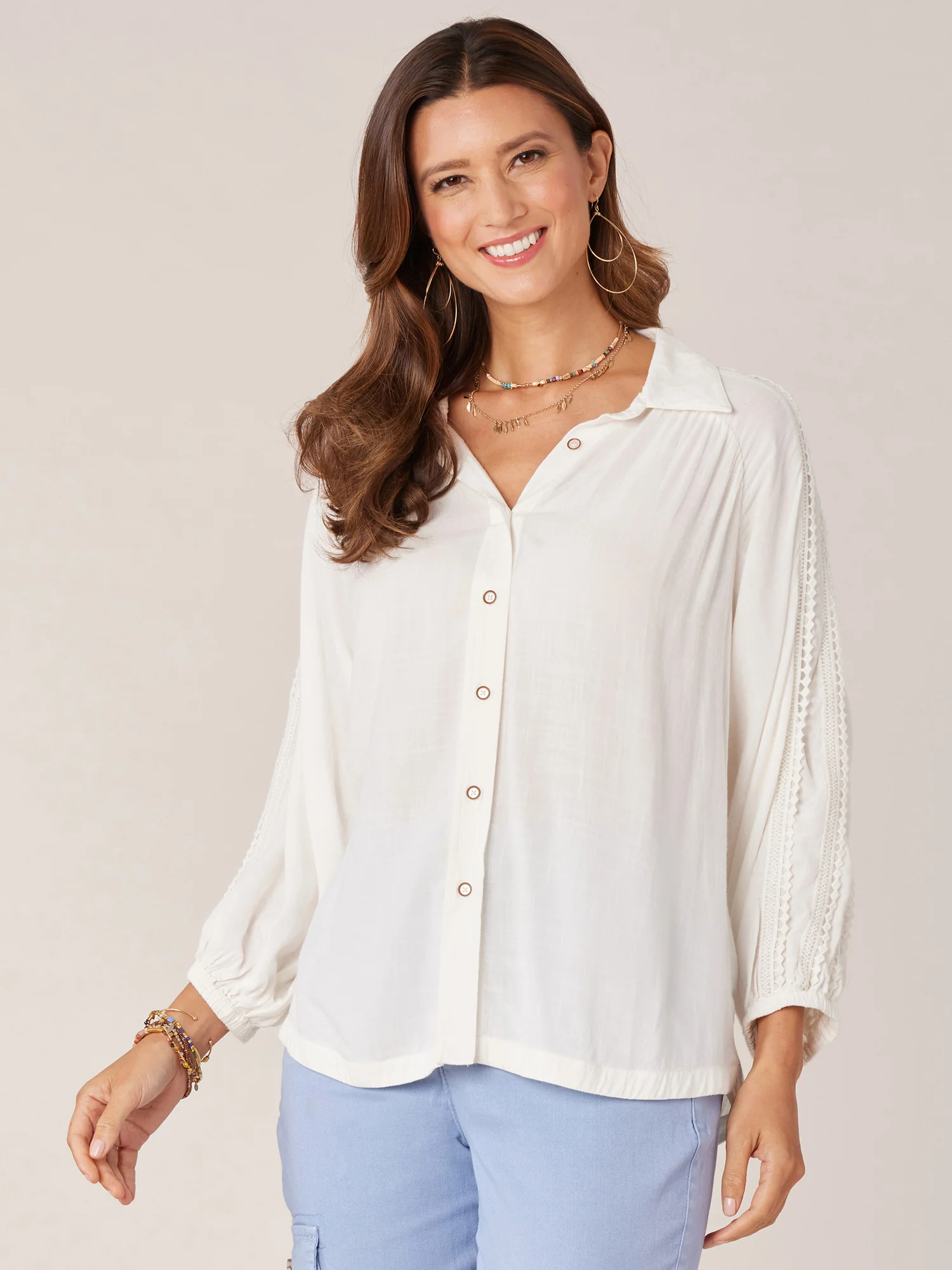 Three Quarter Blouson Crochet Sleeve Button Down Hi Low Woven Shirt