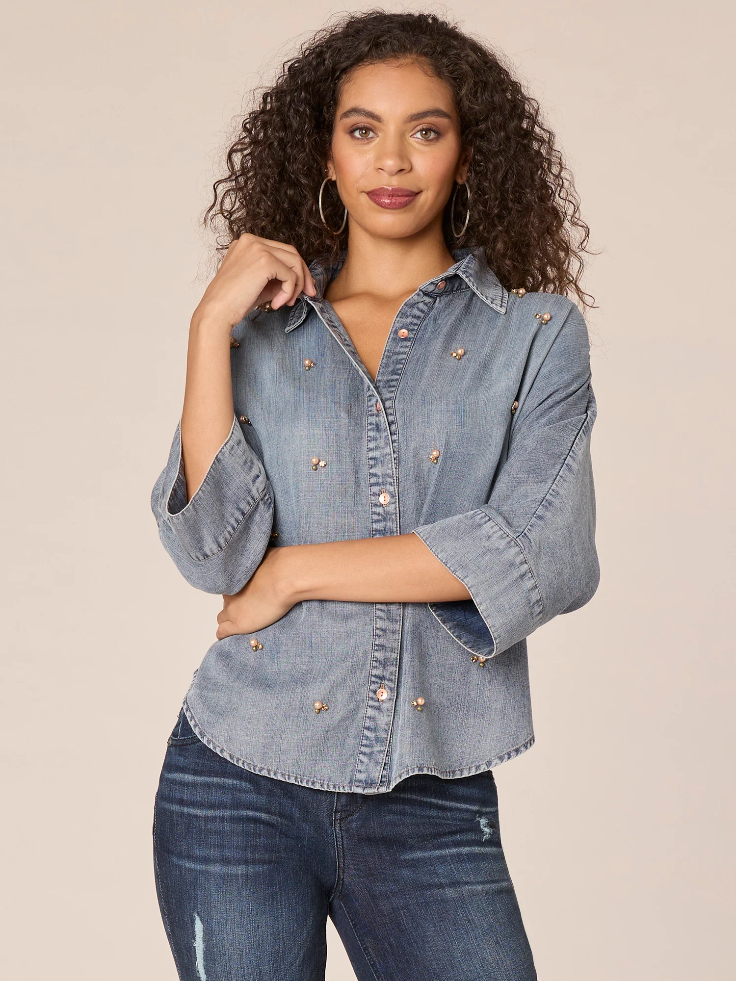 Three Quarter Raglan Sleeve Button Front Beaded Hi-Low Knit Top