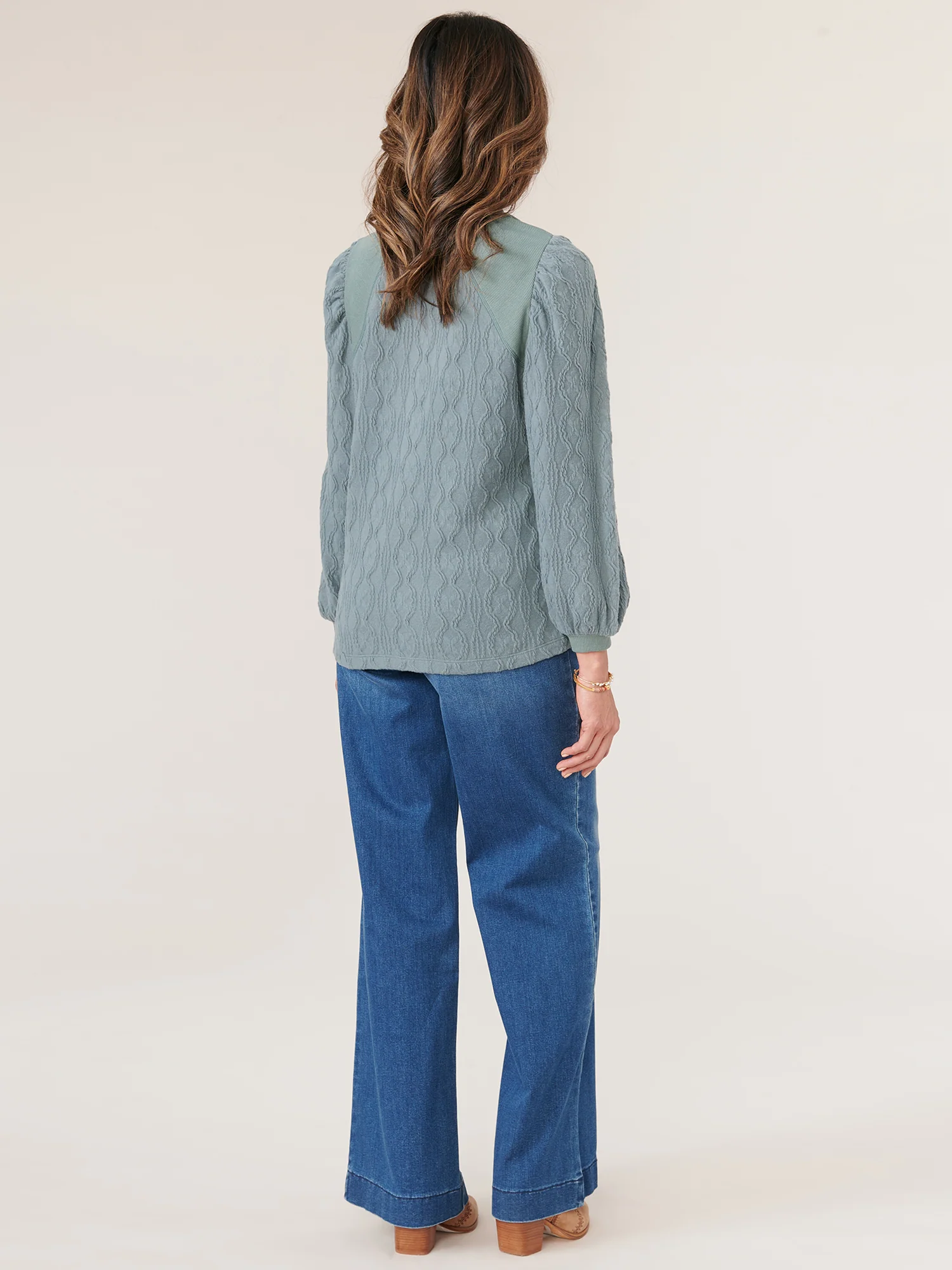 Three Quarter Puff Blouson Sleeve Wide V-Neck Mixed Media Knit Top