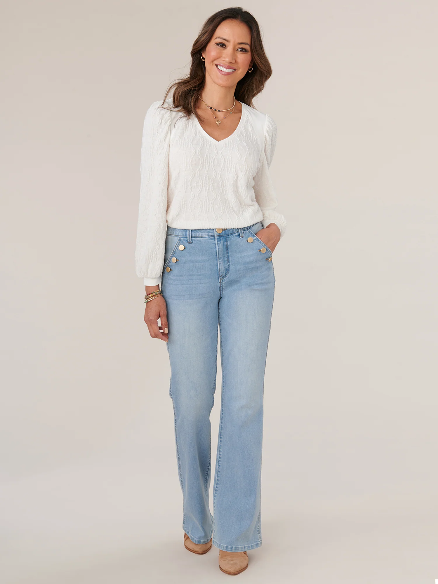 Three Quarter Puff Blouson Sleeve Wide V-Neck Mixed Media Knit Top