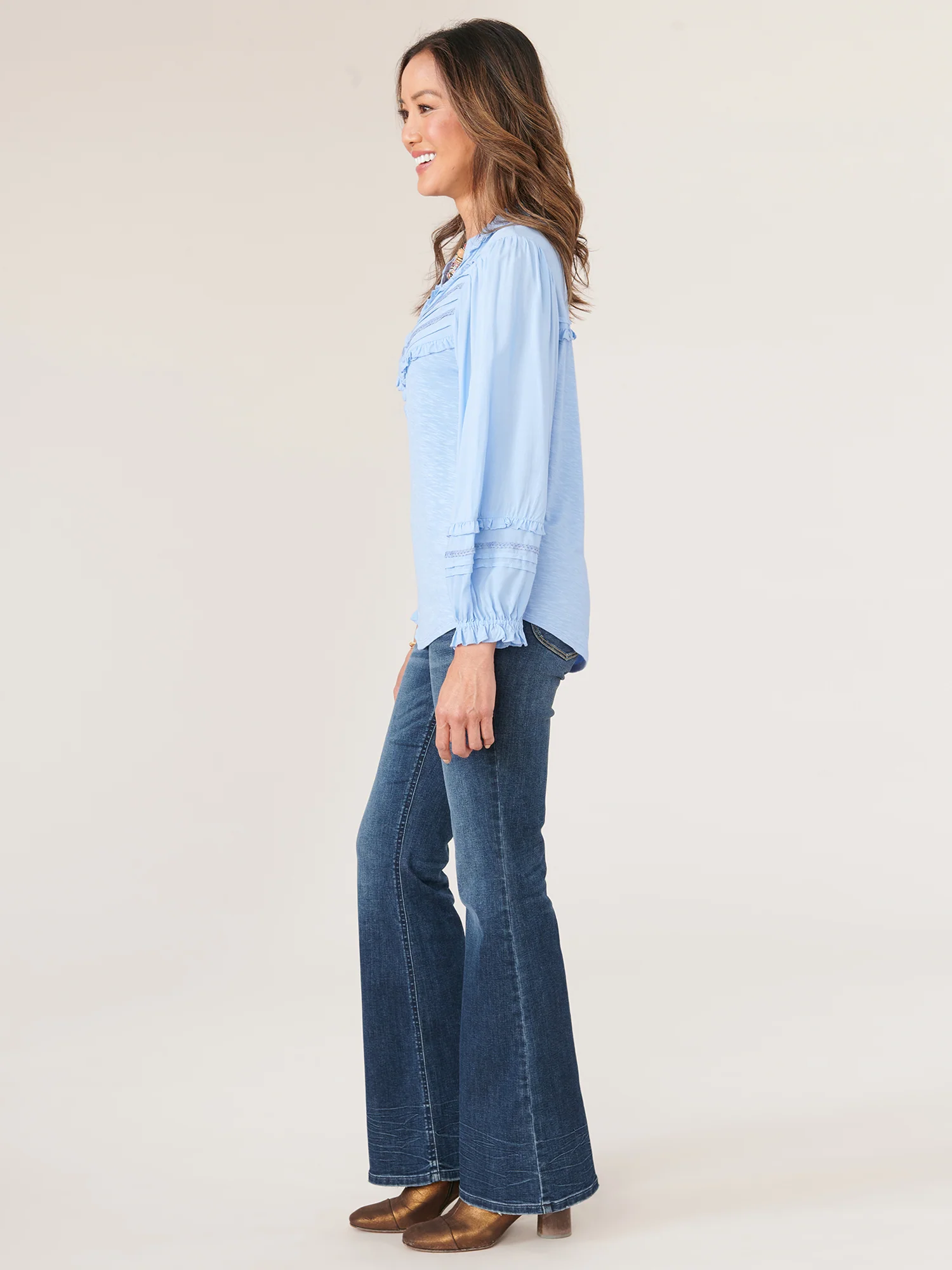 Three Quarter Sleeve Ruffle Split V-Neck Knit Petite Top