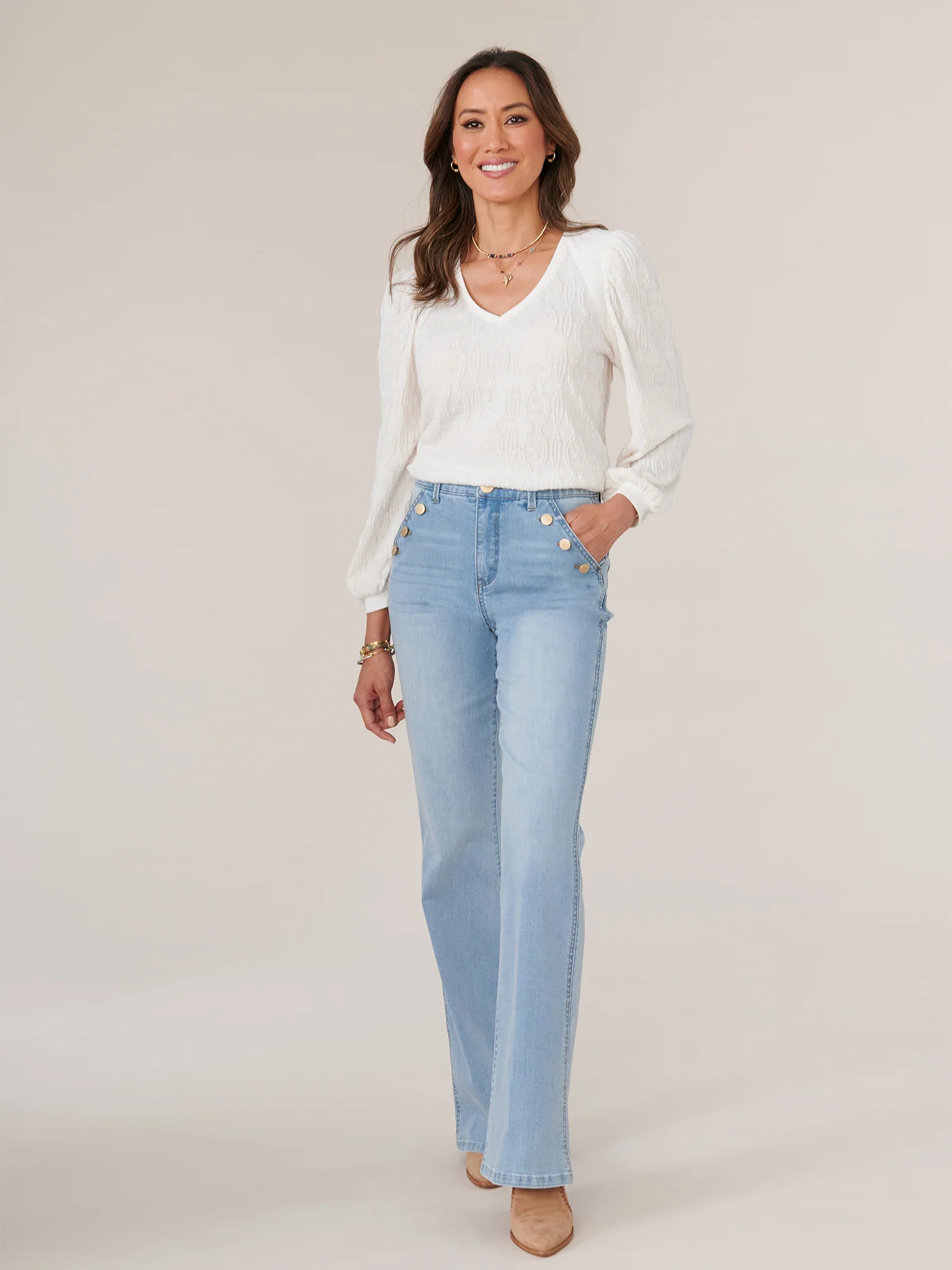 Three Quarter Puff Blouson Sleeve Wide V-Neck Mixed Media Knit Top