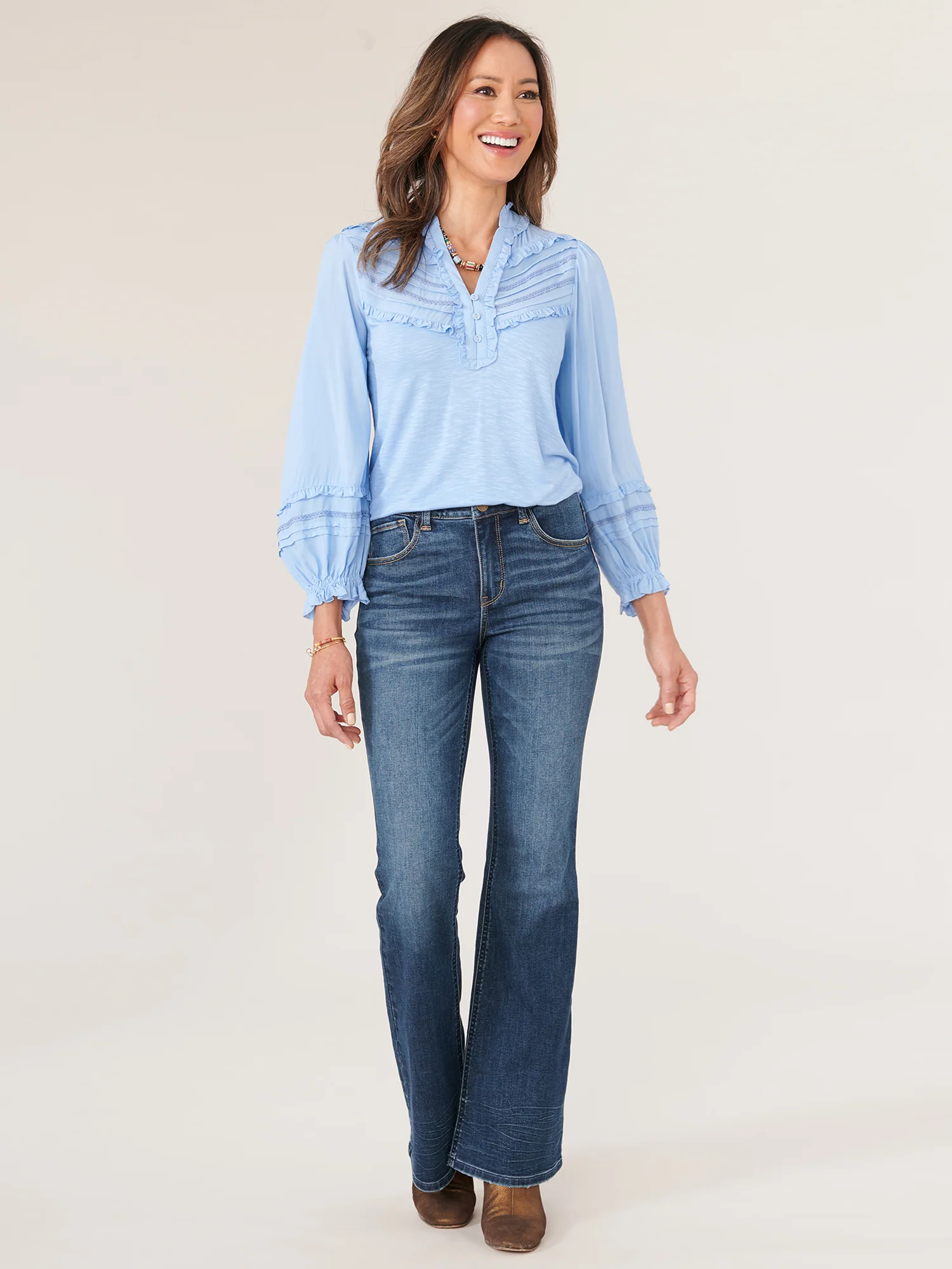 Three Quarter Sleeve Ruffle Split V-Neck Knit Petite Top