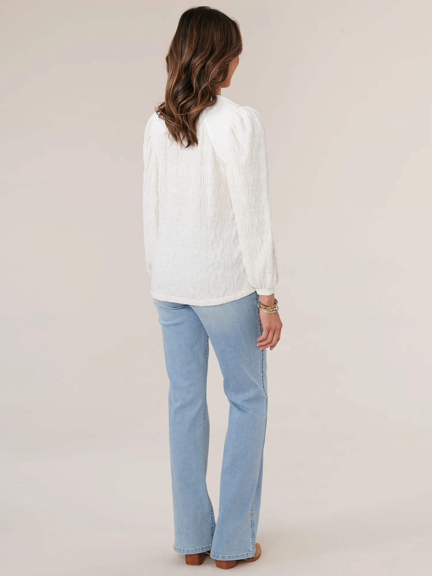 Three Quarter Puff Blouson Sleeve Wide V-Neck Mixed Media Knit Top