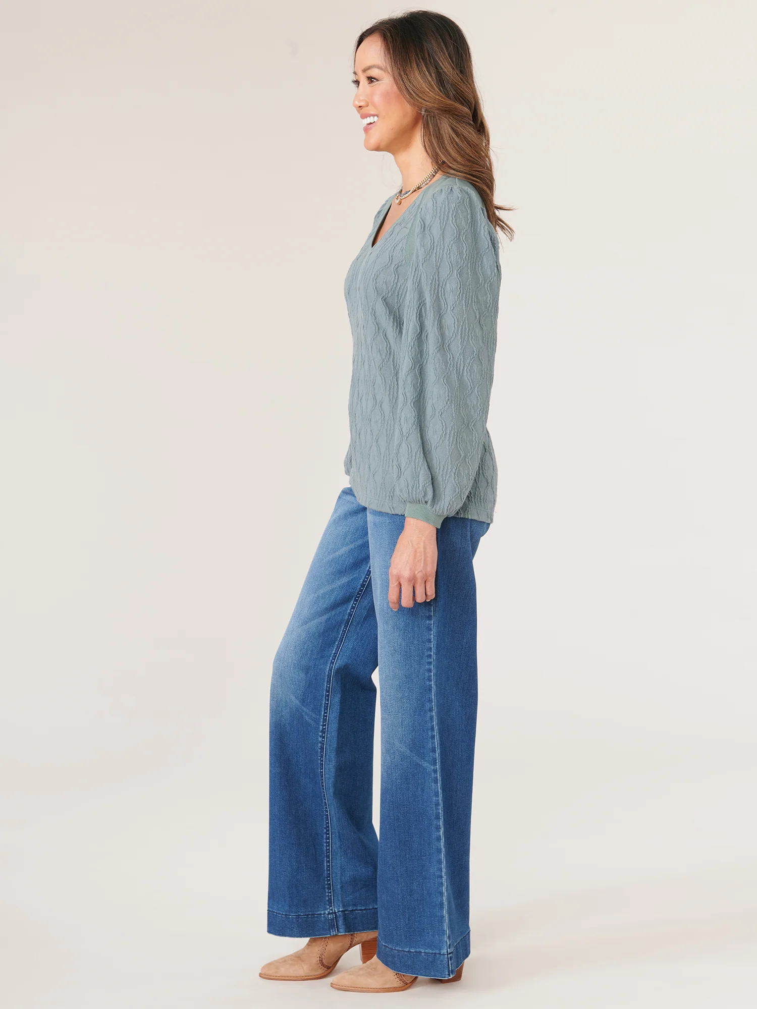 Three Quarter Puff Blouson Sleeve Wide V-Neck Mixed Media Knit Top