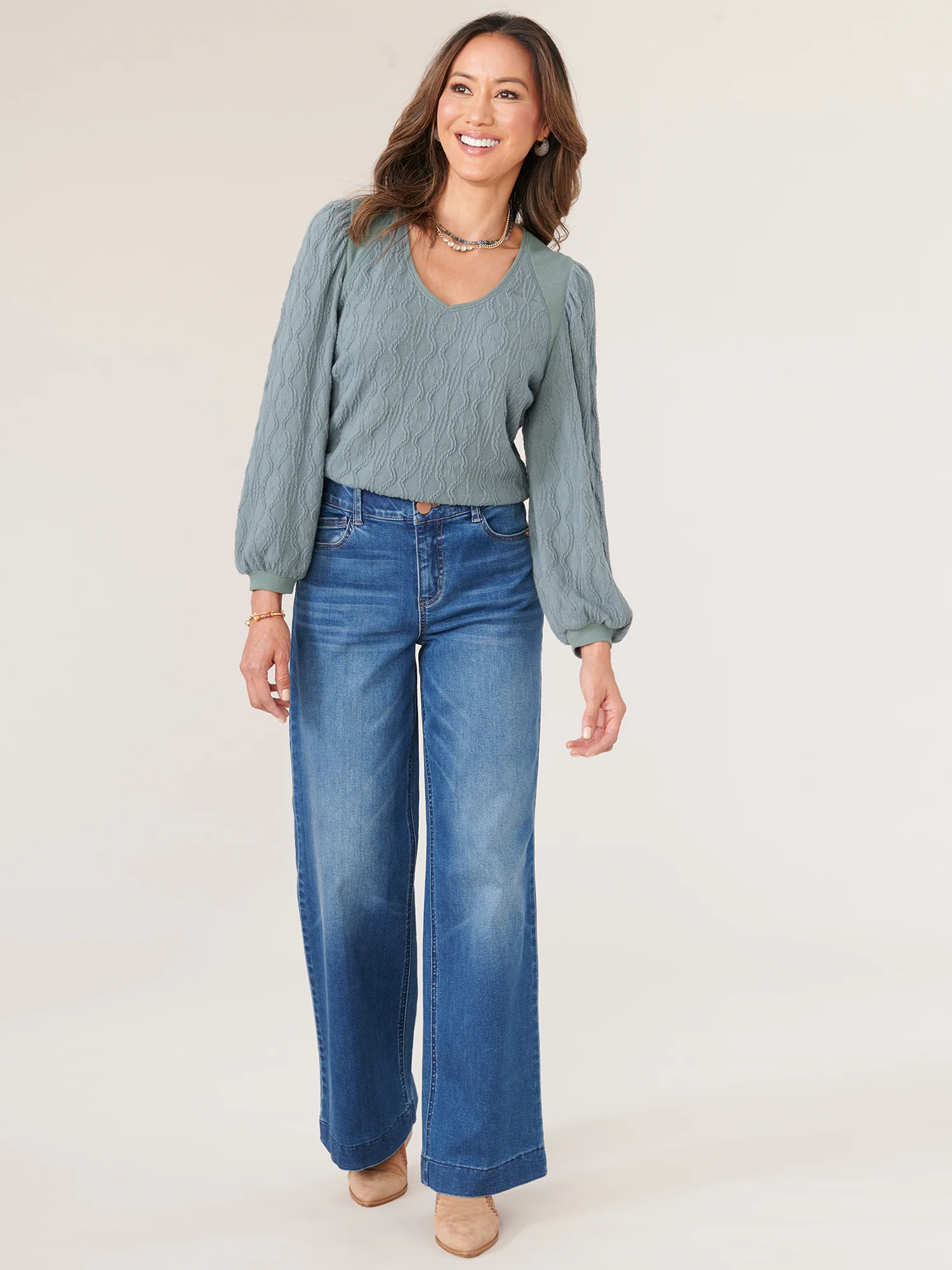 Three Quarter Puff Blouson Sleeve Wide V-Neck Mixed Media Knit Top