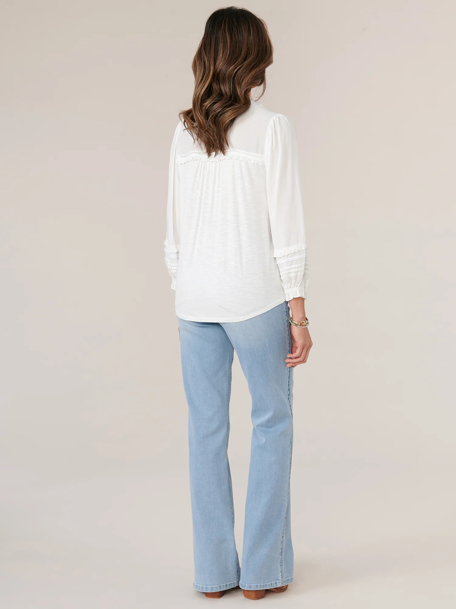 Three Quarter Sleeve Ruffle Split V-Neck Knit Petite Top