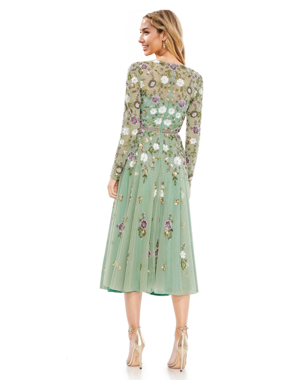 Mac Duggal 5716 Tea Length Long Sleeve Formal Dress - luluinthesky