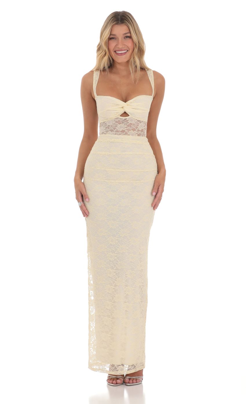 Lace Twist Ruched Maxi Dress in Yellow - luluinthesky