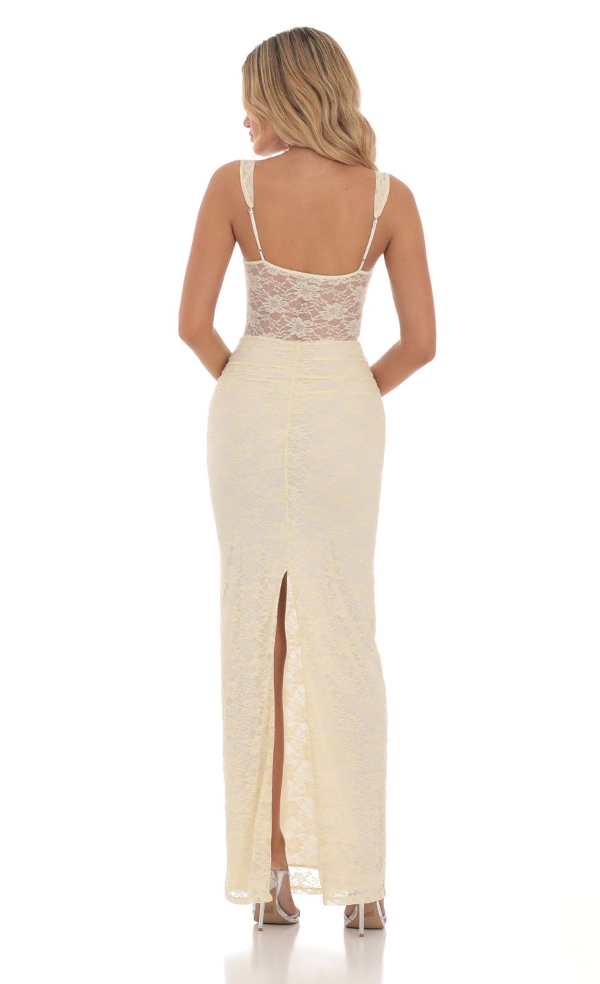 Lace Twist Ruched Maxi Dress in Yellow - luluinthesky