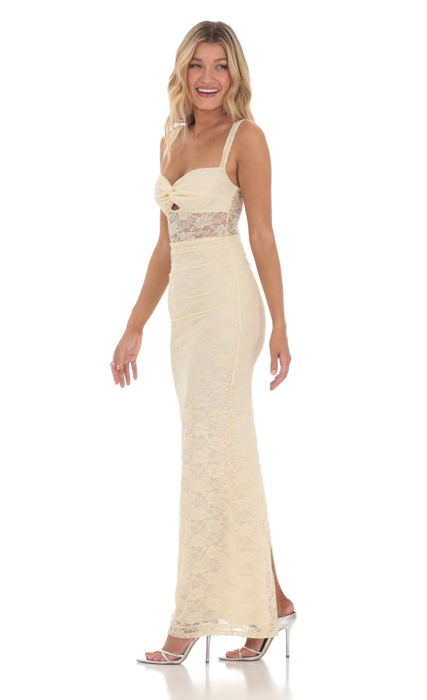 Lace Twist Ruched Maxi Dress in Yellow - luluinthesky