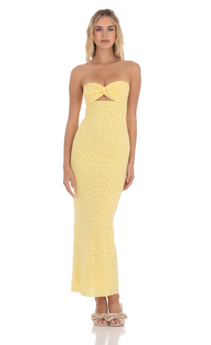 Strapless Textured Floral Twist Maxi Dress in Yellow - luluinthesky